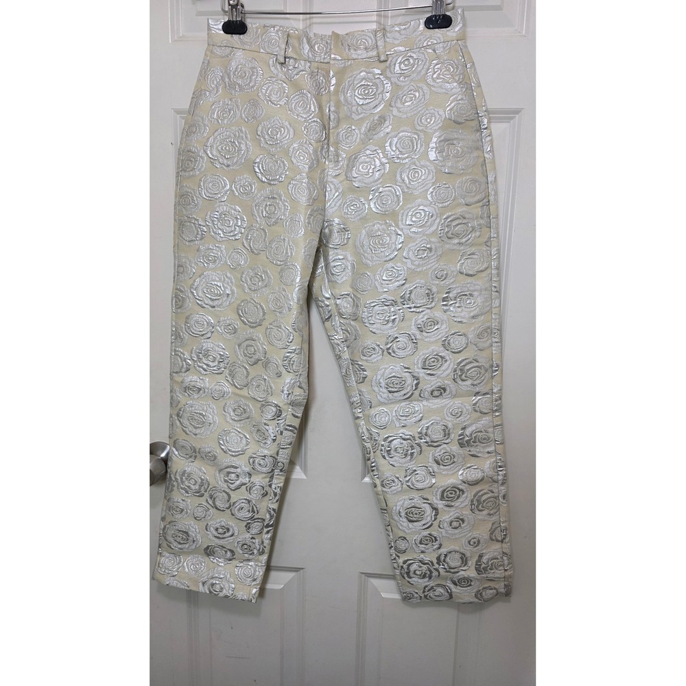 Lulus Floral Brocade Pants Women's M Silver Cream Metallic Rose Trousers Formal